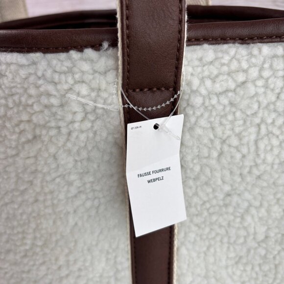 Lands End Sherpa Tote Bag Faux Leather Accents Cream Brown - Picture 11 of 15